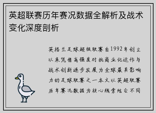 英超联赛历年赛况数据全解析及战术变化深度剖析
