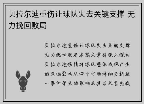 贝拉尔迪重伤让球队失去关键支撑 无力挽回败局